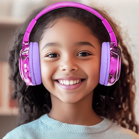 fille ecoute musique casque audio enfant rose