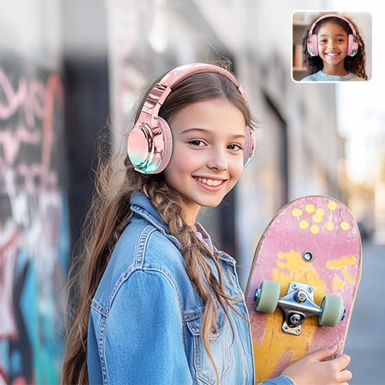 fille skateboard casque audio enfant rose musique