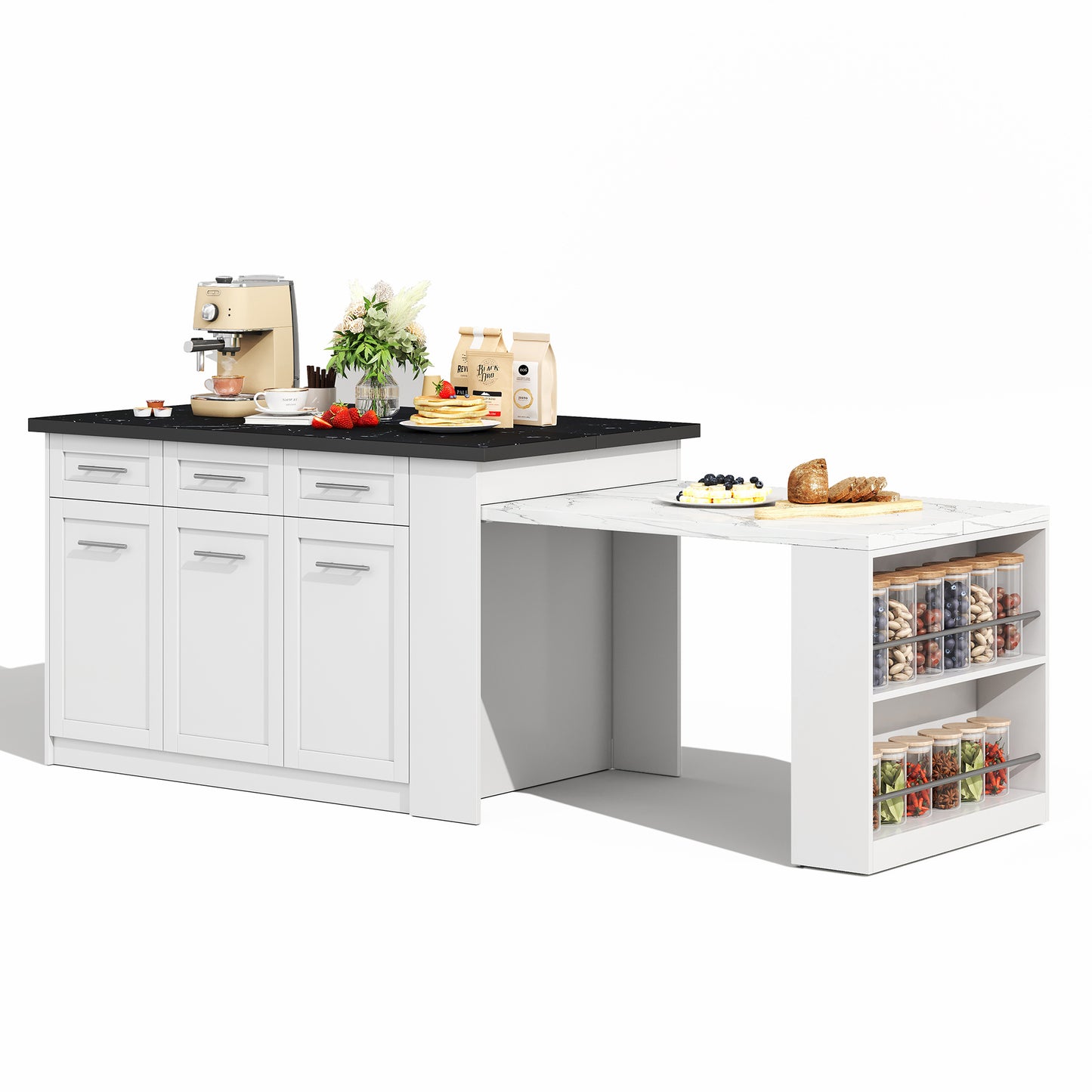 ilot cuisine blanc avec rangements plan de travail noir