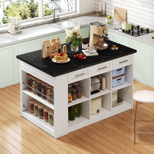 ilot cuisine blanc rangements ouverts plan de travail noir marbre