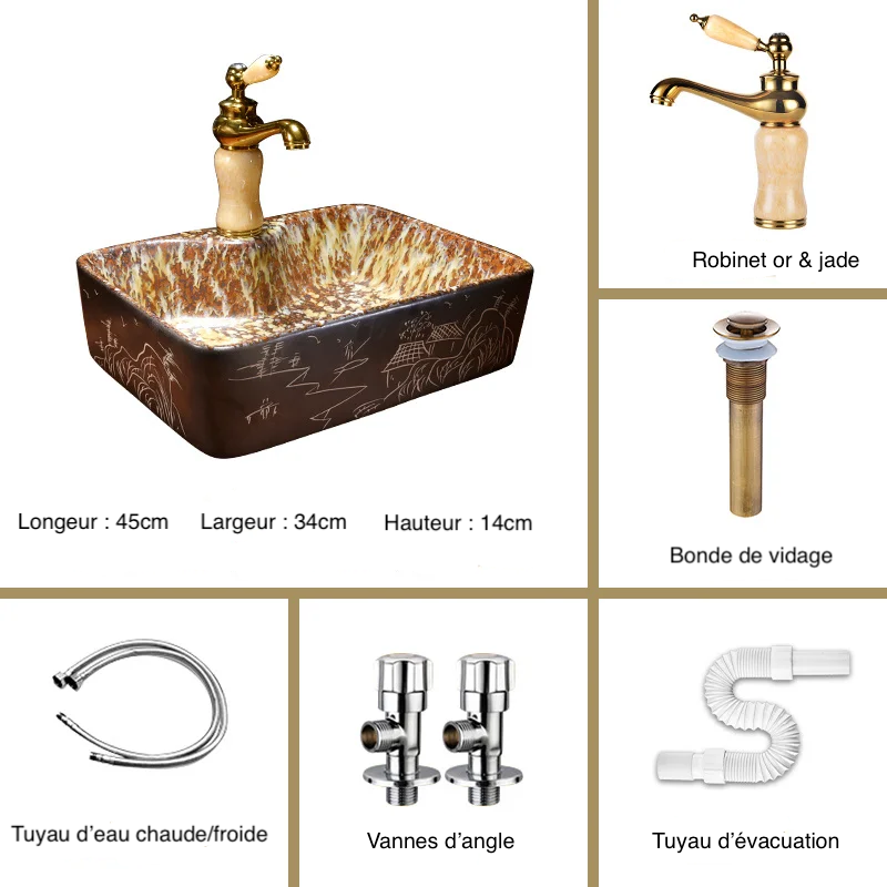 lavabo carre 45x34x14cm avec robinet or accessoires