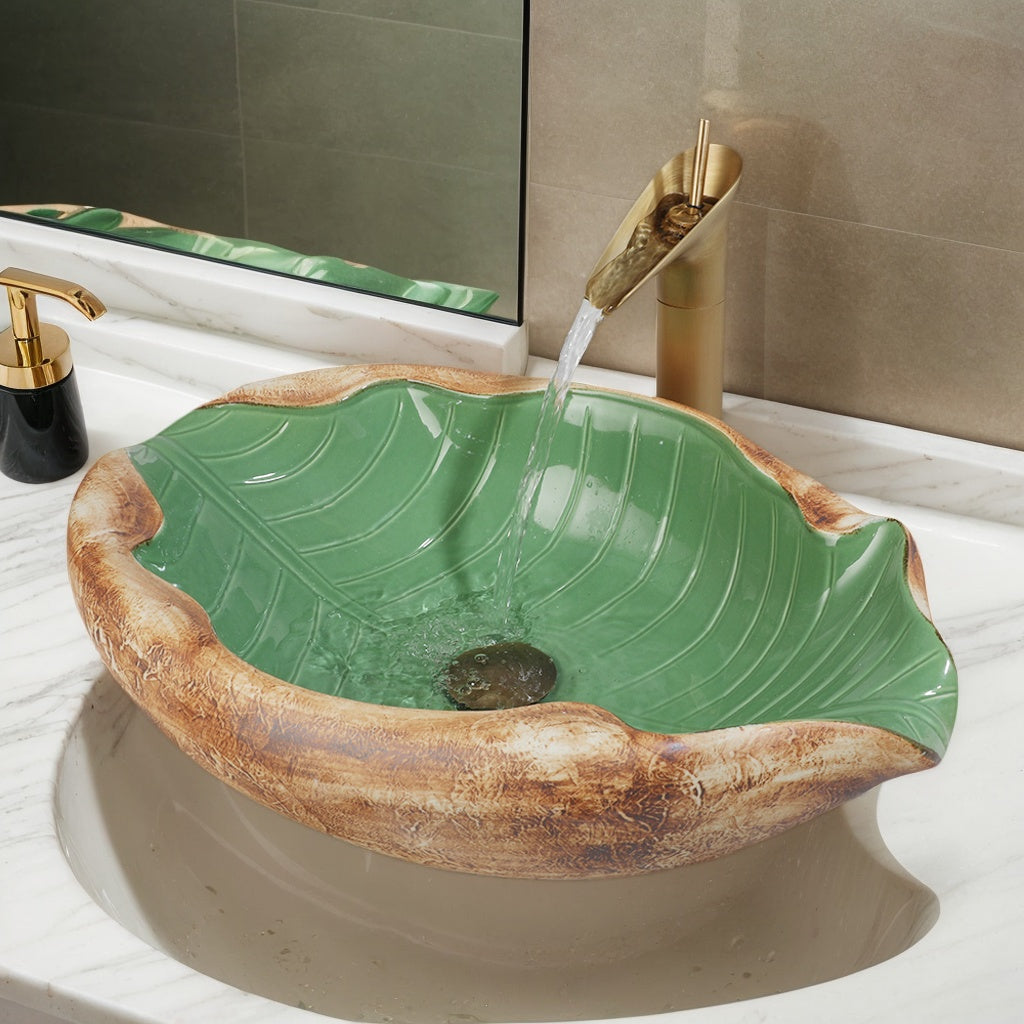 lavabo feuille vert ceramique bord bois robinet dore