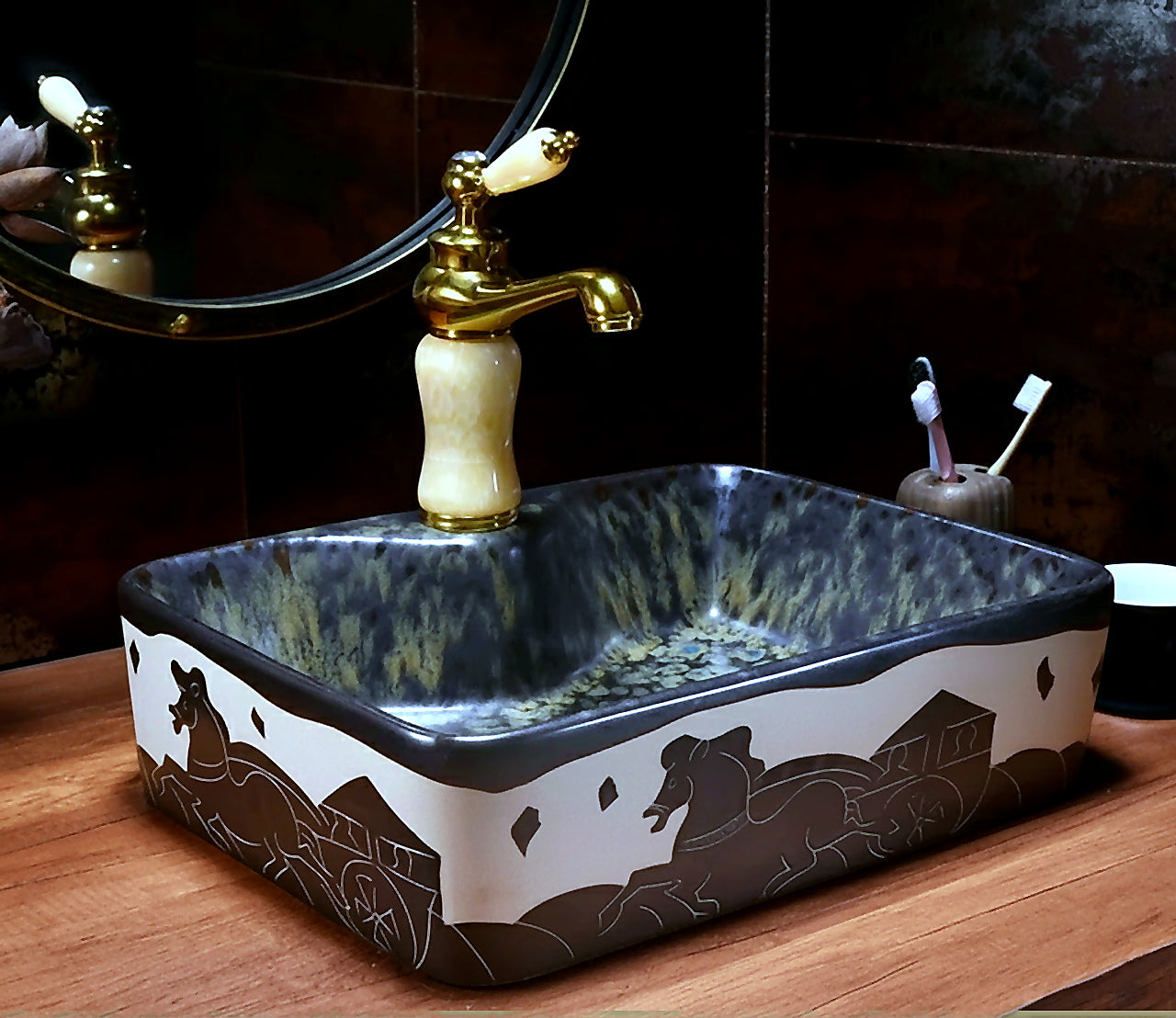 lavabo rectangulaire motifs cheval bicolore robinet dore