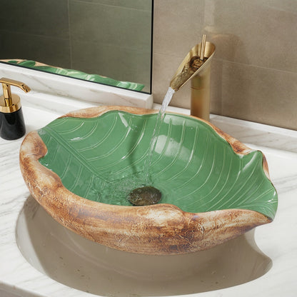 lavabo salle de bain feuille vert ceramique bord bois robinet dore