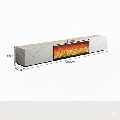 meuble TV marbre blanc avec foyer electrique 200x40x35