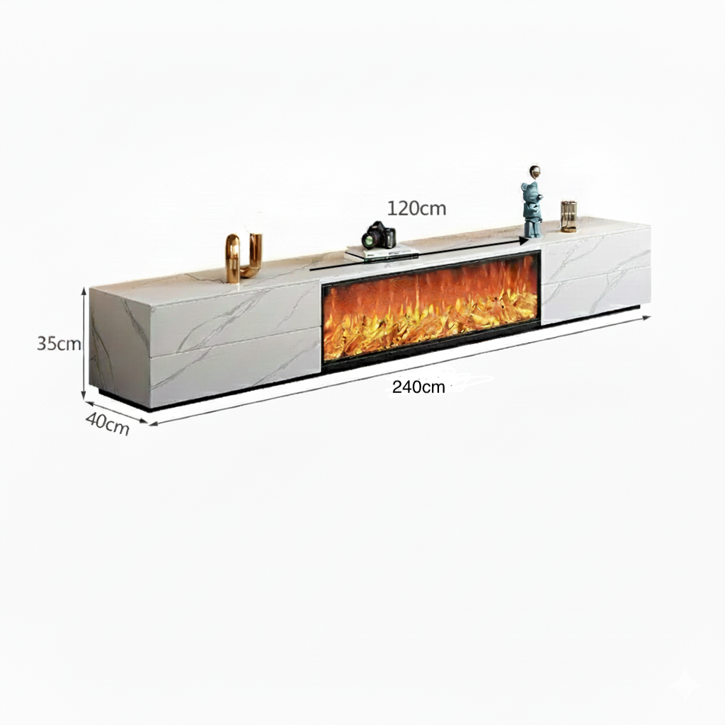 meuble TV marbre blanc foyer électrique 240x40x35 120cm
