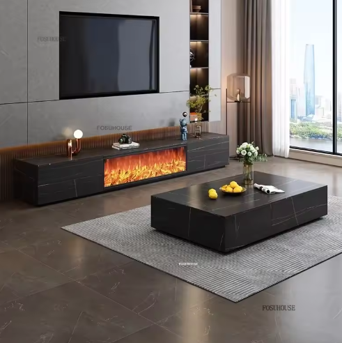 meuble TV marbre noir avec foyer