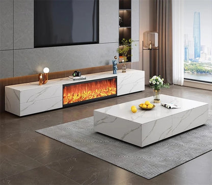 meuble TV moderne avec foyer electrique et table marbre