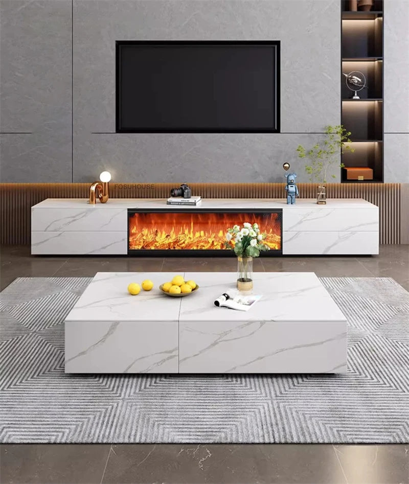 meuble TV mural moderne avec foyer electrique et rangements