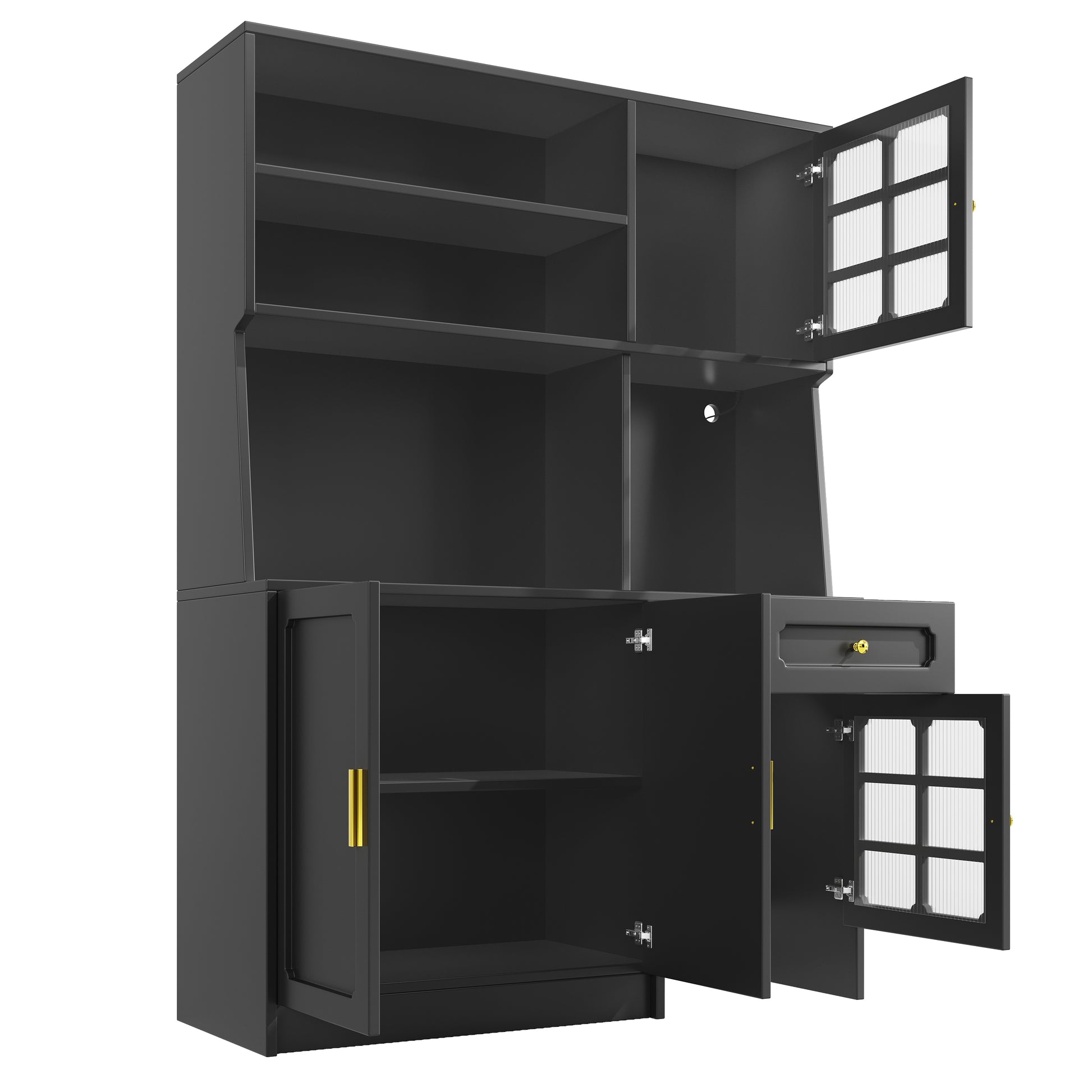 meuble de cuisine noir compartiments ouverts portes vitrees