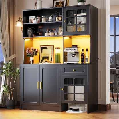 meuble de cuisine noir eclairee portes cannelees