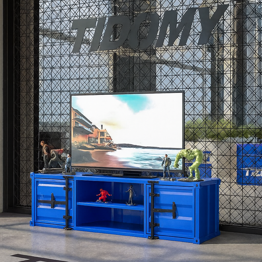 meuble de television bleu style industriel avec figurines deco