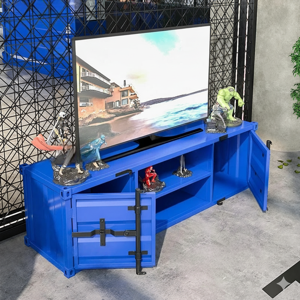 meuble de television conteneur bleu portes ouvertes etageres