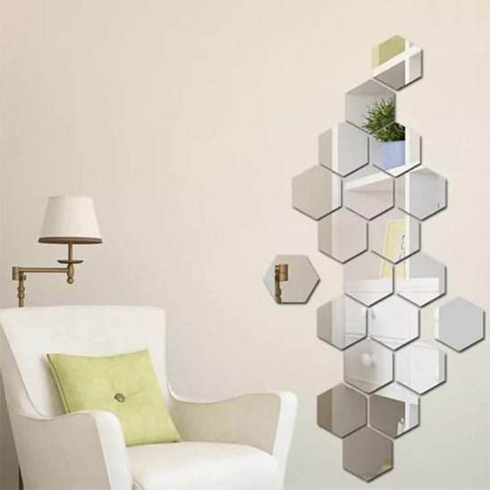 miroir autocollant hexagonal argent salon decoration murale