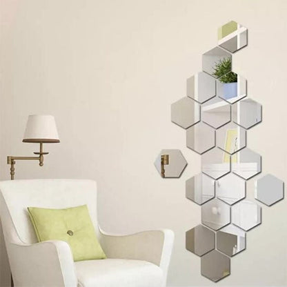 miroir autocollant hexagonal argent salon decoration murale