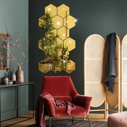 miroir autocollant hexagonal dore pour decoration interieure