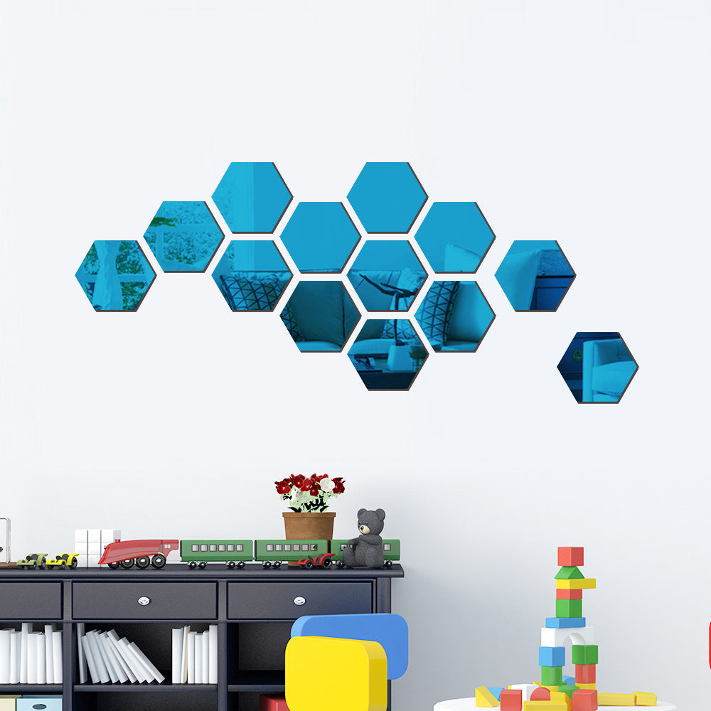miroir autocollant mural hexagonal design bleu