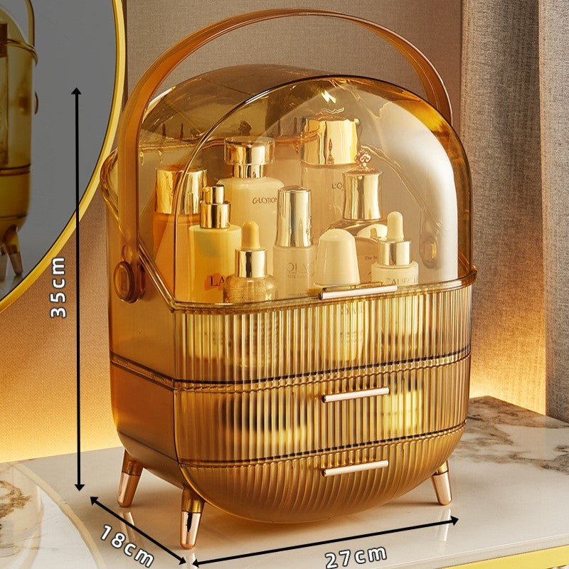 organisateur de maquillage elegant sur coiffeuse jaune