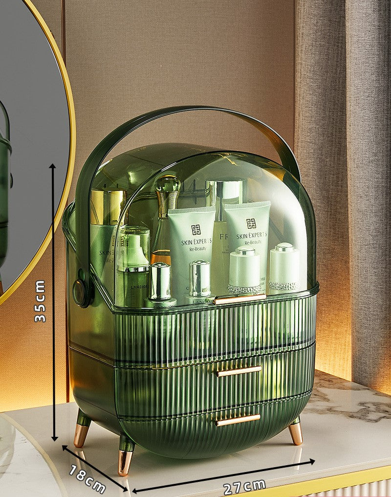 organisateur de maquillage elegant sur coiffeuse vert