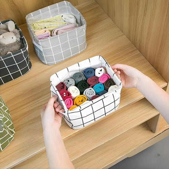 panier de rangement tissu blanc carreaux noirs