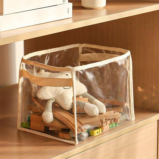panier de rangement transparent peluche jeux etagere bois