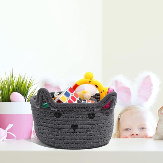 panier rangement salle de bain jouets forme tete de chat gris