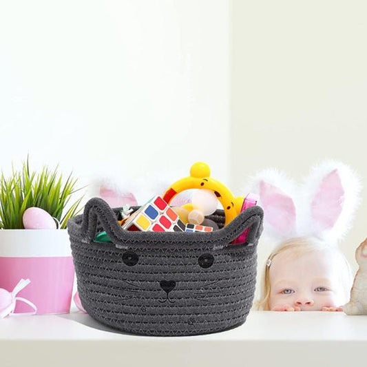 panier rangement salle de bain jouets forme tete de chat gris
