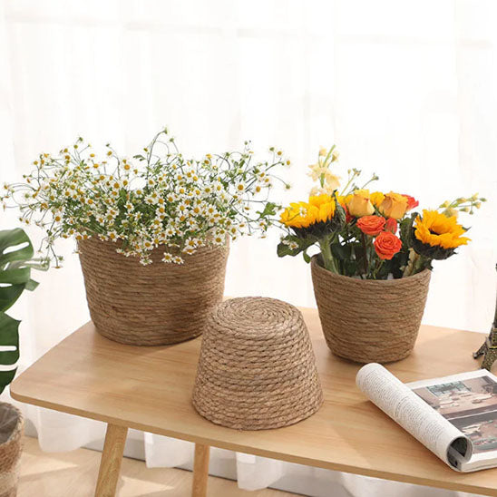paniers rotin cache pot marguerites tournesols roses orange