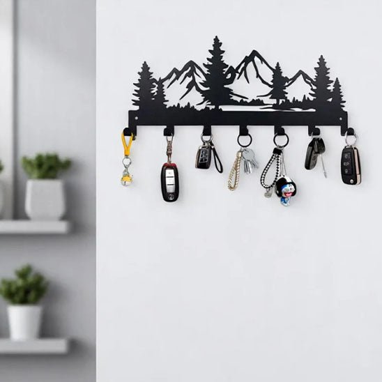 porte cle mural metal noir montagne sapin