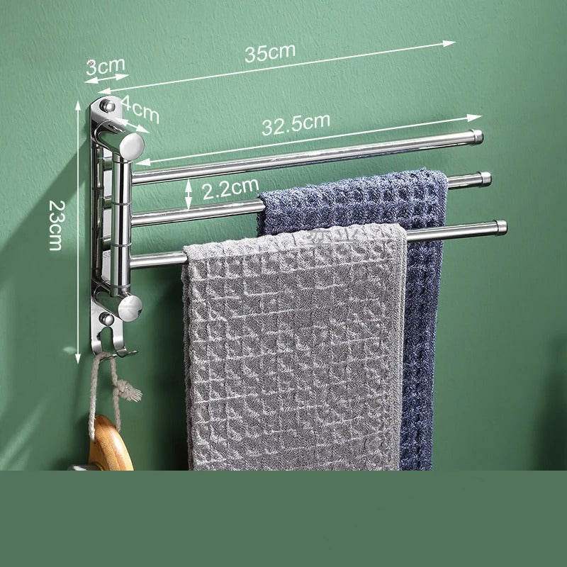 porte serviette salle de bain mural argent 3 barres rotatives avec crochet