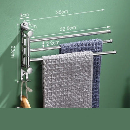 porte serviette salle de bain mural argent 3 barres rotatives avec crochet