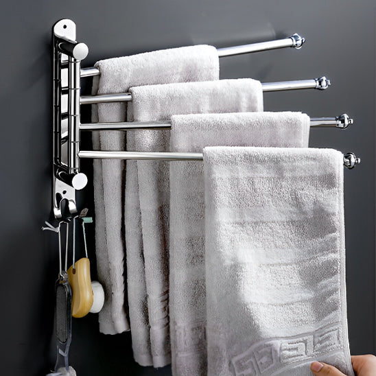 porte serviette salle de bain mural argent 4 barres rotatives avec crochet