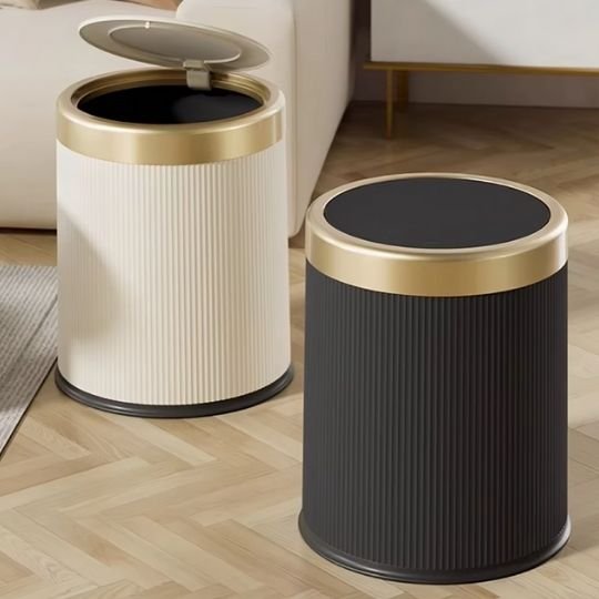poubelle de cuisine design rond blanc noir couvercle or