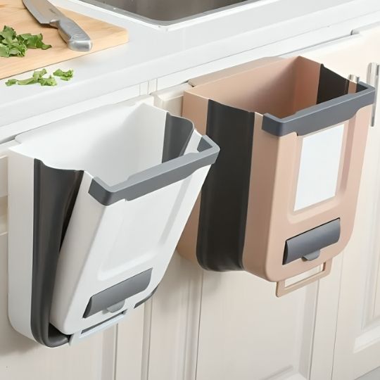 poubelle sous evier pliable de cuisine blanche et beige