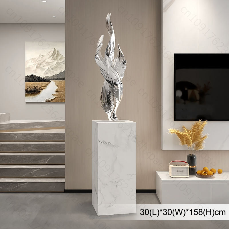 sculpture argentee plume abstraite sur piedestal marbre 158cm