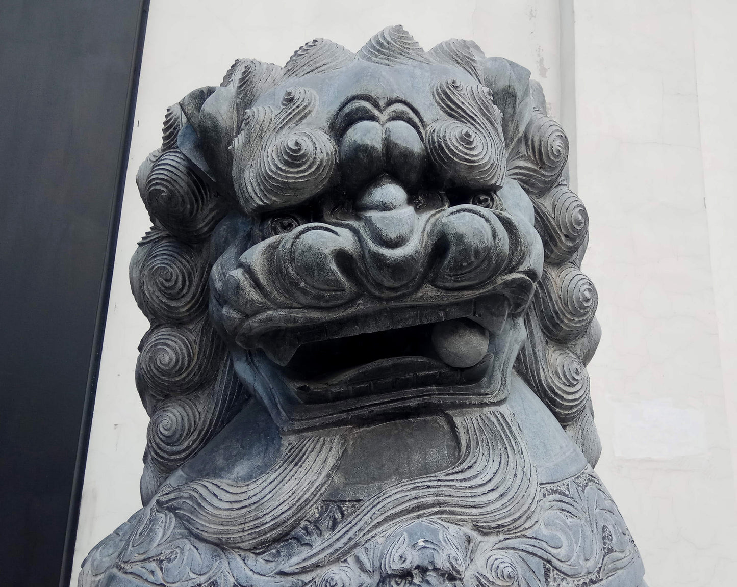 sculpture lion gardien chinois gros plan tete