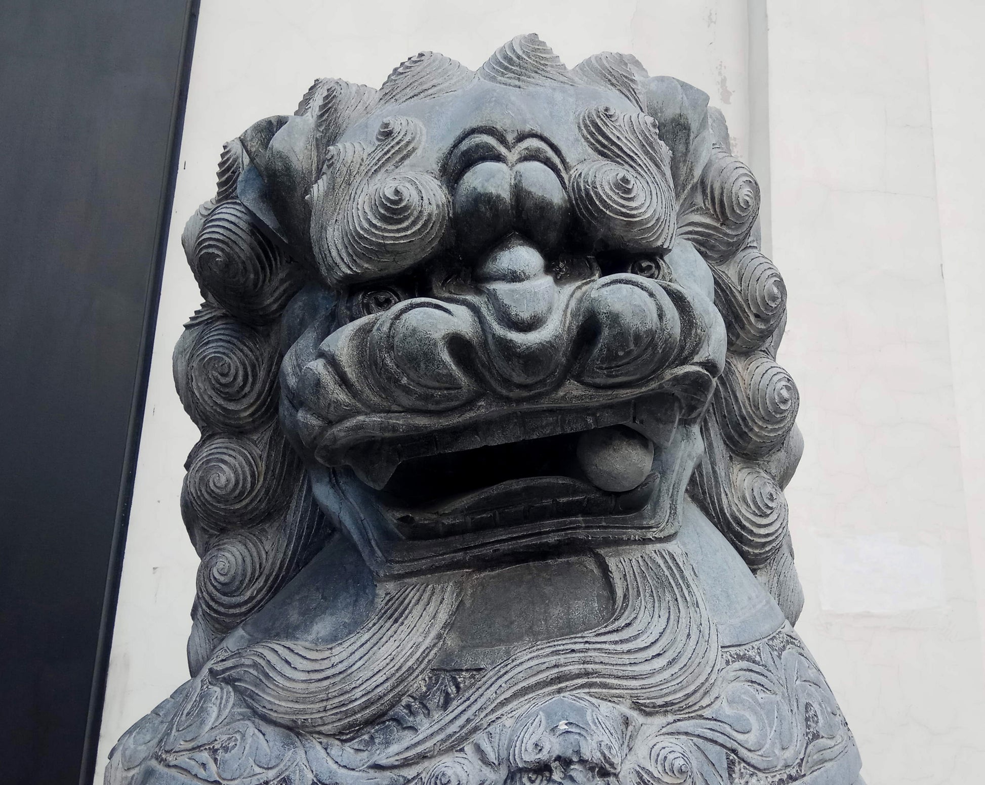 sculpture lion gardien chinois gros plan tete