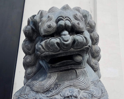 sculpture lion gardien chinois gros plan tete