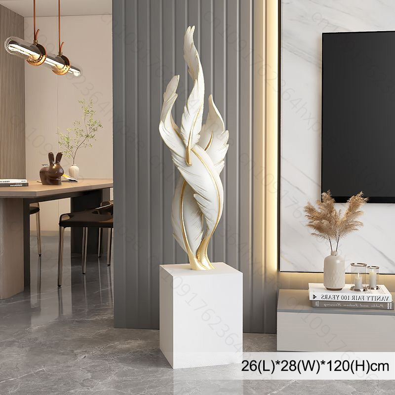 sculpture plumes blanches elancees sur socle marbre 120cm