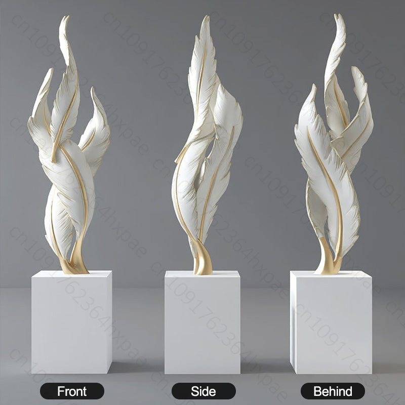 sculpture plumes blanches sur socles trois vues