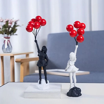 sculpture statues fillette ballon rouge decor noir blanc
