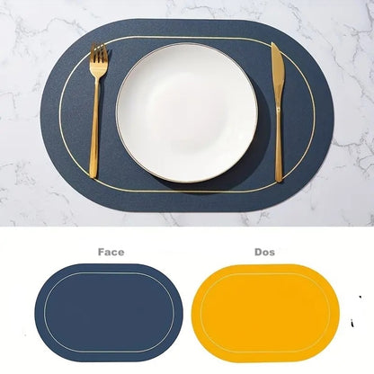 set de table ovale bleu couverts dos jaune