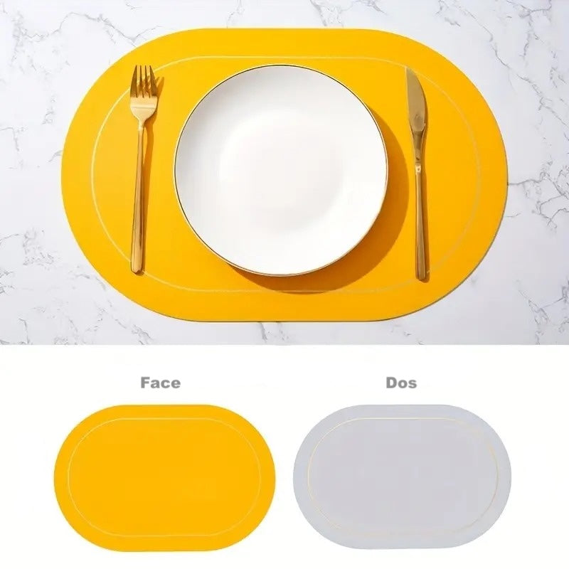set de table ovale jaune couverts dos gris