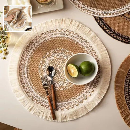 set de table rond boheme bol citron vert couverts bois