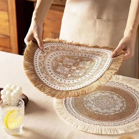 set de table rond boheme ovale frange marron main