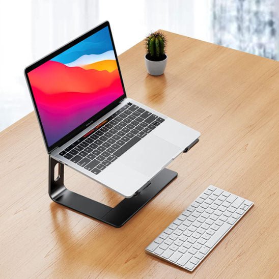 support ordinateur portable noir bureau clavier cactus