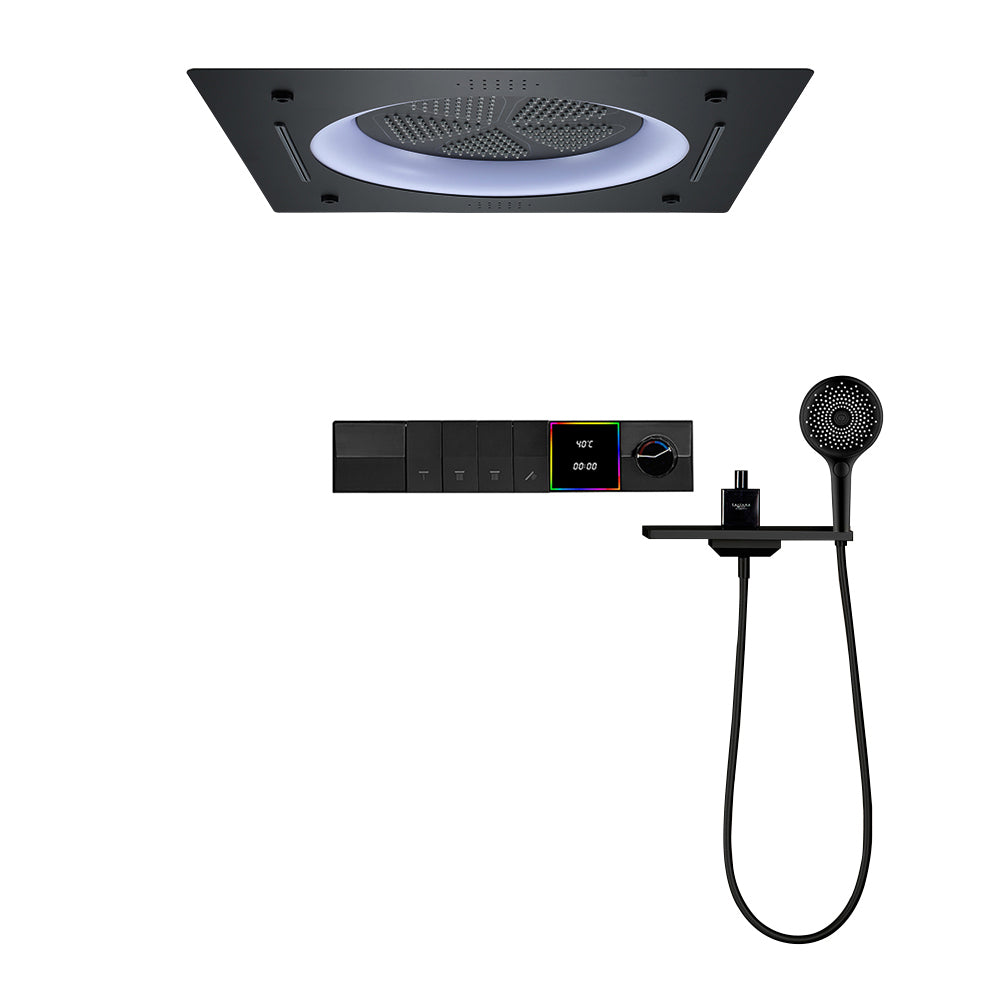 systeme de douche noir thermostatique tete plafond ronde LED