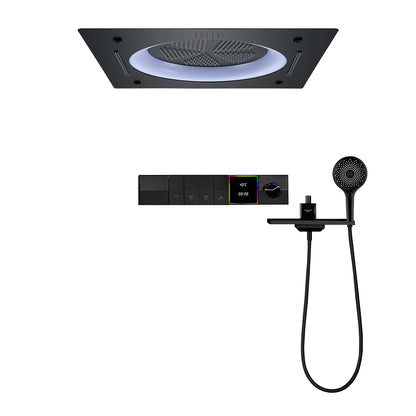 systeme de douche noir thermostatique tete plafond ronde LED