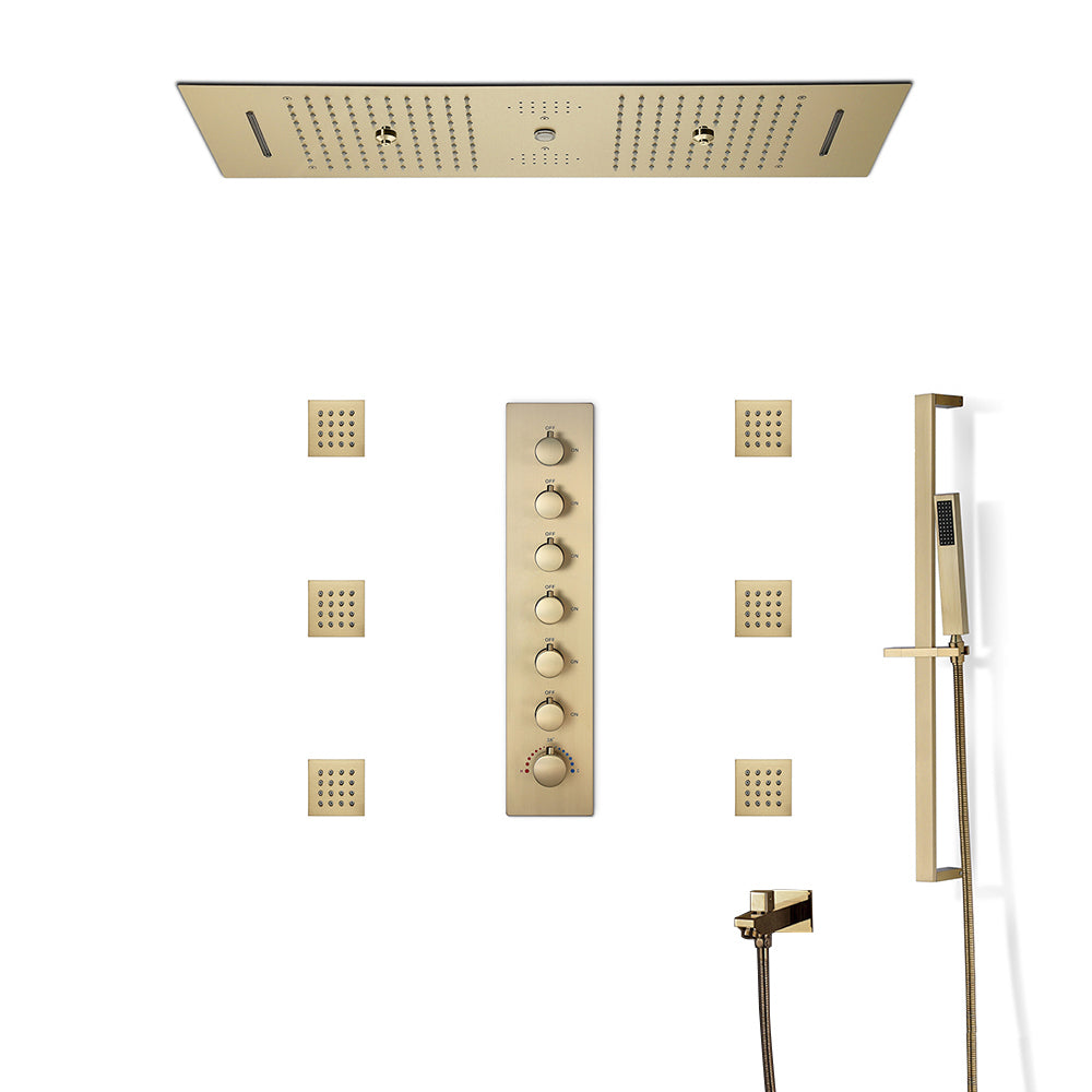 systeme de douche or mural avec pommeau et jets 