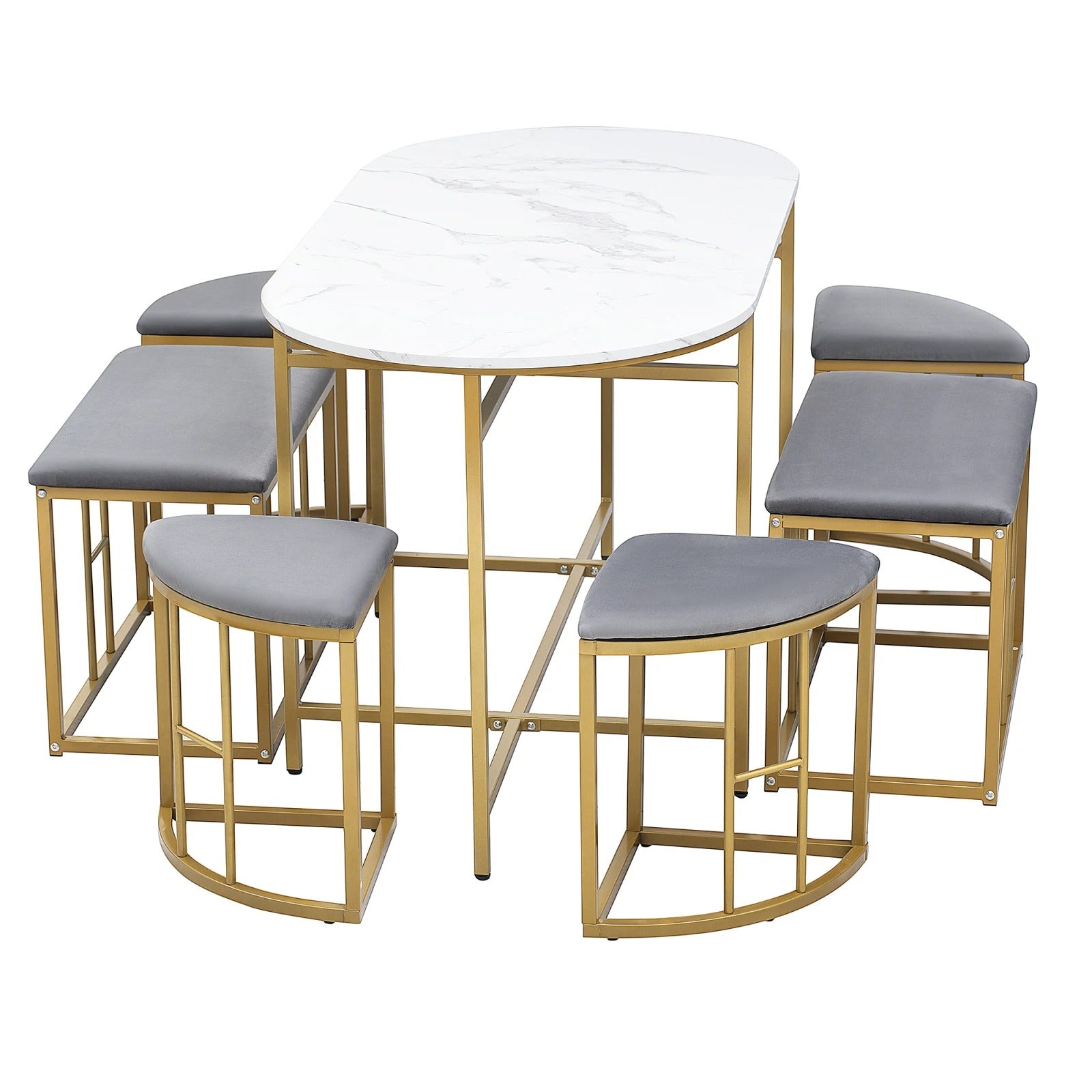 table a manger marbre blanc chaises demi lune dorees